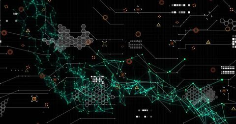 Flowing teal network filament crossing diagonal black grid hud, hex clusters, neon glyphs