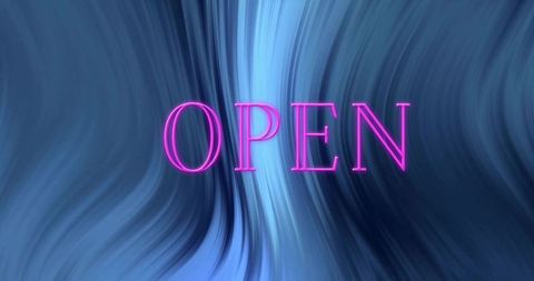 Glowing neon pink open sign on blue swirl gradient background for storefront banner
