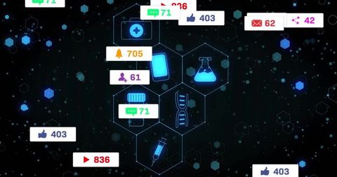 Pulsing Hexagon Network Showing DNA, Syringe, Flask and Social Notifications for Biotech