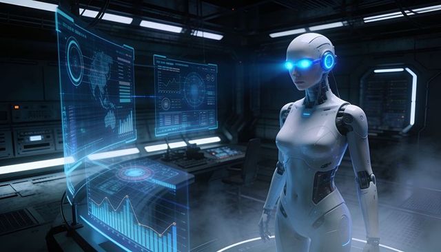 Female android scanning holographic data in futuristic cybernetic control room