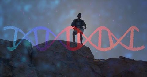 Hiker Balancing on Rock with DNA Overlay at Dusk