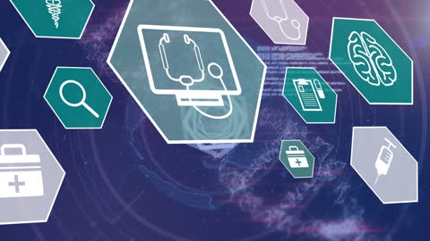 Floating Scientific Icons on Digital Technology Background
