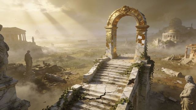 Rising marble stairway leading to gilded arch over misty ancient ruins at golden hour
