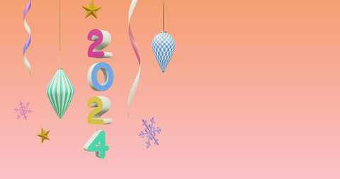 Festive 2024 numbers with holiday decorations on pink background