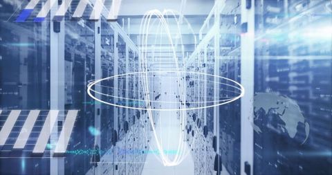 Futuristic data center corridor with digital overlays and server racks