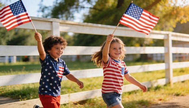 Children running and waving american flags along white fence at golden hour celebration