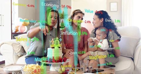 Cutting birthday cake during casual family celebration with baby and ar financial overlays
