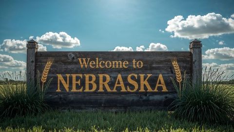 Welcome to Nebraska Sign Amidst Rural Landscape Under Expansive Sky