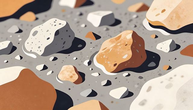 Sunlit desert stones casting long shadows on textured arid ground, stylized closeup