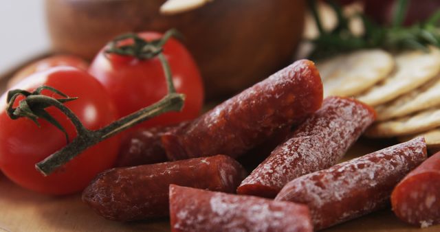 The image showcases a tempting charcuterie board with sausages, tomatoes, and crackers. - Download Free Stock Photos Pikwizard.com
