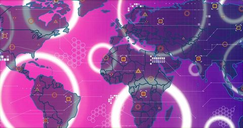 Futuristic World Map in Vibrant Pink and Purple Gradient