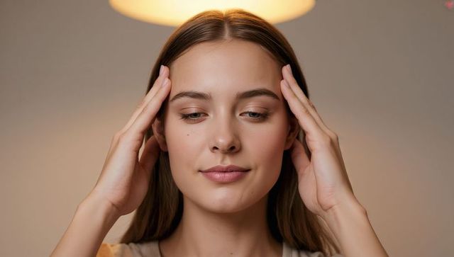 Young woman practicing focused breathing with fingertips on temples under warm lamp halo