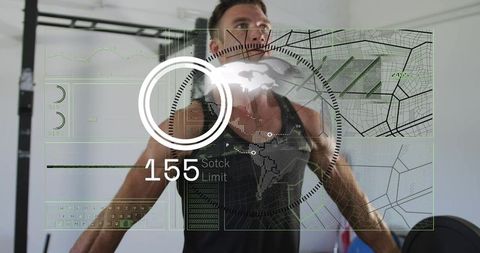 Male athlete preparing to lift barbell with futuristic fitness hud overlay