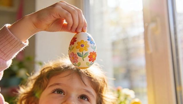 Child holding hand-painted floral easter egg above head, sunlit window glow