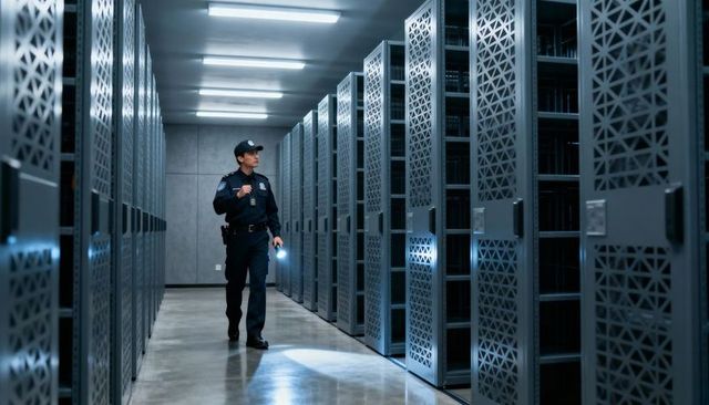 Uniformed security officer patrolling secure data center aisle with flashlight inspecting server rac