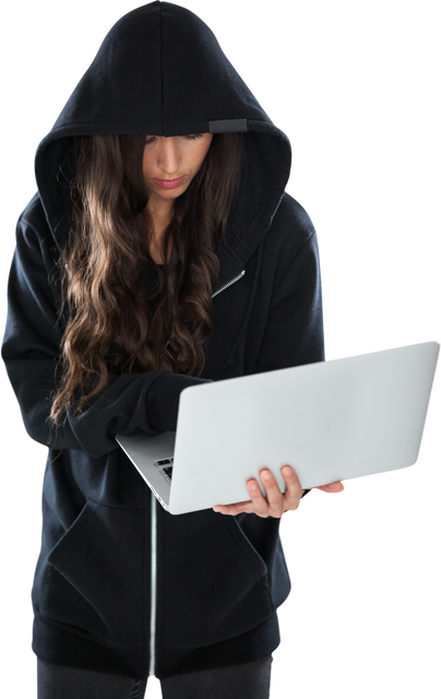 Female Hacker in Black Hoodie Using Laptop on Transparent Background - Download Free Stock Videos Pikwizard.com