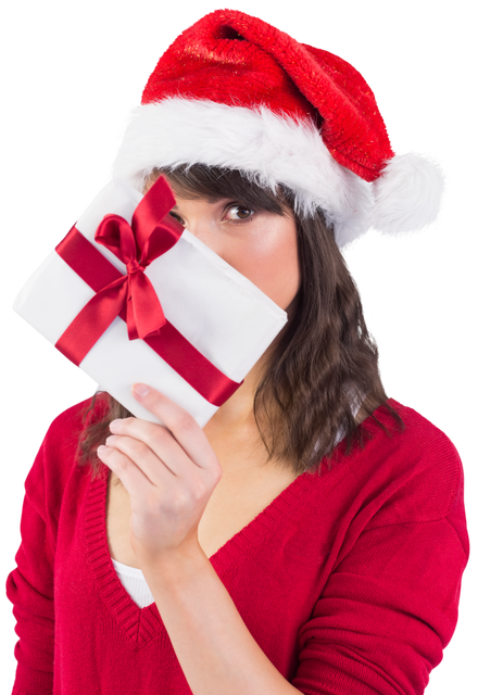 Festive Woman With Santa Hat Holding Wrapped Gift Transparent Background - Download Free Stock Videos Pikwizard.com