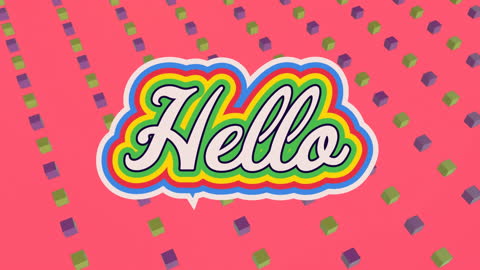 Colorful Hello Text with Floating Cubes on Vibrant Pink