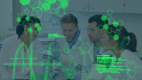 Group of diverse scientists wearing laboratory coats and safety goggles engaged in studying virtual scientific data overlays projected in a lab environment. Videos of chemical structures add to a futuristic and technological atmosphere. Suitable for representing innovations in scientific research, teamwork in lab environments, collaboration using technology, and the future of scientific study.