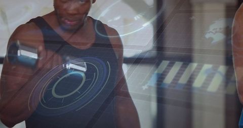 Adult male lifting dumbbell with augmented reality fitness hud for smart gym training