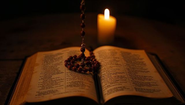 Vintage bible with rosary beads and flickering candlelight creating devotional atmosphere