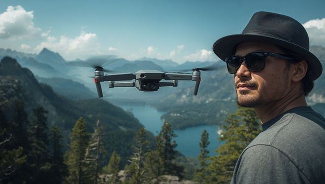 Traveler operating drone over alpine lake with fedora and sunglasses on mountain overlook