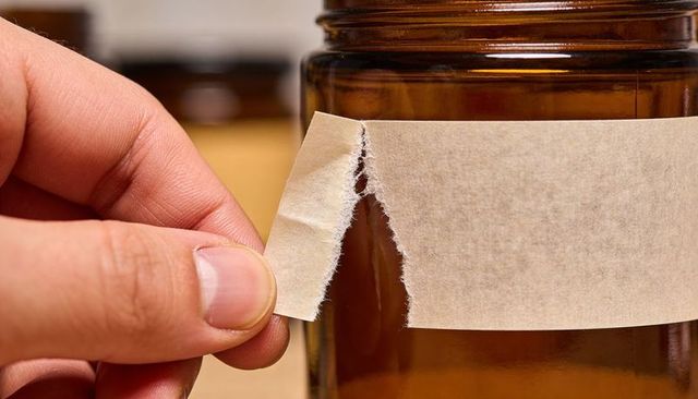 Peeling torn kraft label from amber glass jar on wooden counter closeup hand removing