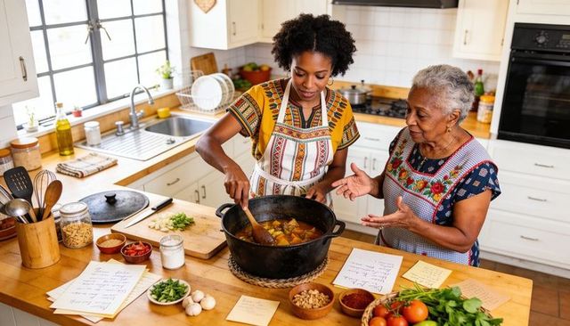 Grandmother and granddaughter stirring hearty stew on kitchen island, sharing family recipe