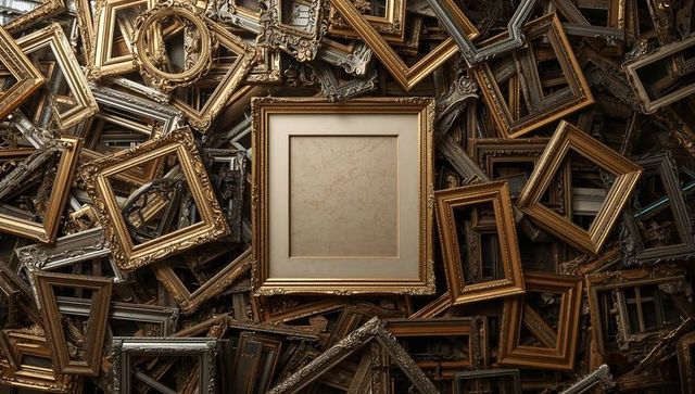 Displaying ornate gilded frames surrounding blank linen mat for vintage gallery promotions