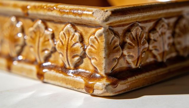 Glazed ceramic planter corner with oak leaf relief, amber drip glaze and chip detail