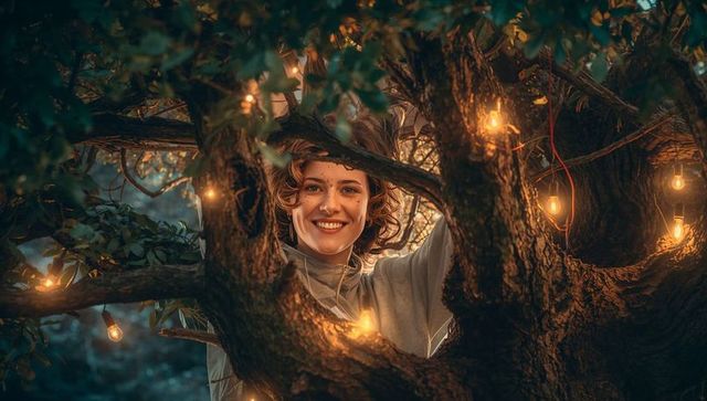 Woman Decorating Outdoor Tree with String Lights at Dusk