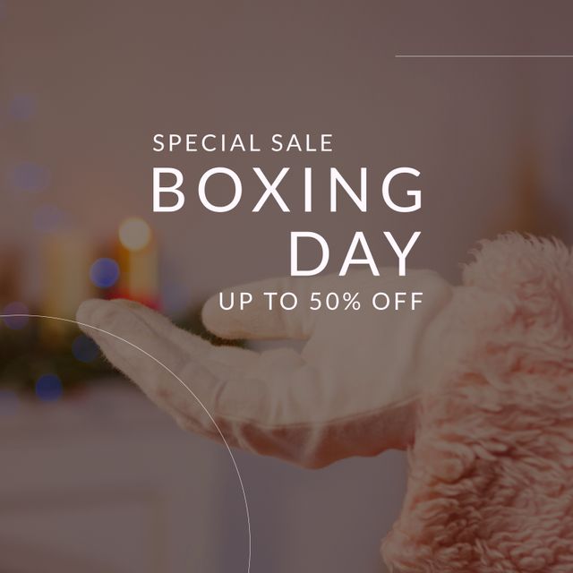 Square image of santa claus open hand and boxing day up to 50 percent text. Boxing day campaign.