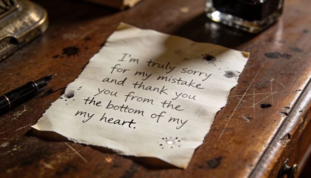 Handwritten apology note on vintage wooden desk with fountain pen and ink stains
