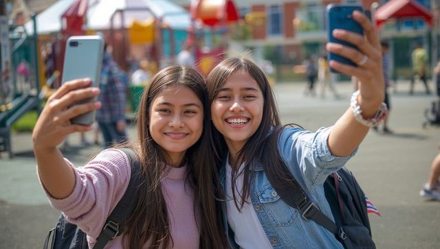 Teen friends taking selfies at school playground smiling with backpacks on sunny day