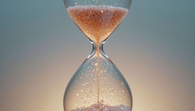 Flowing golden sand particles in glass hourglass close-up