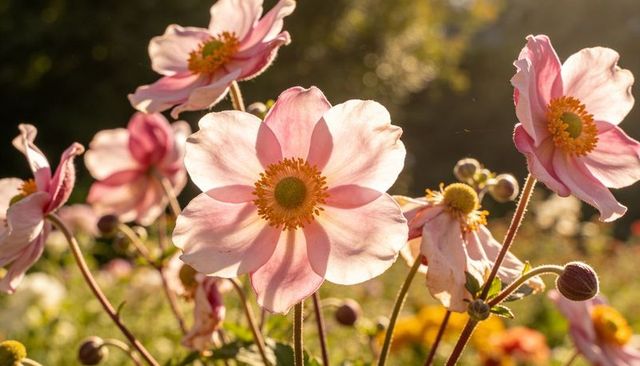 Backlit pale pink anemone blooms with translucent petals and golden stamen in garden glow
