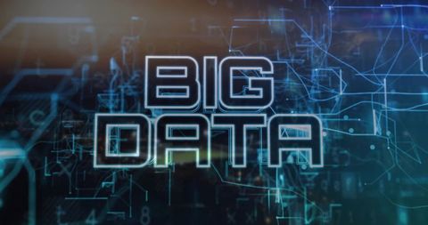 Glowing big data lettering pulsing over neon analytics network, circuitry and digital grid