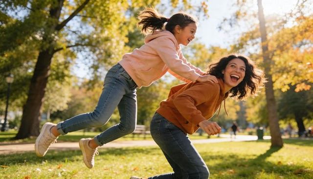 Carefree mother and daughter playing in autumn park, piggyback jump, laughing in sunlight