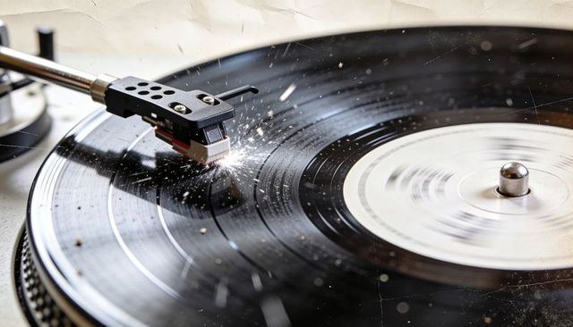 Macro vintage vinyl turntable stylus sparking while tracing dusty spinning record grooves