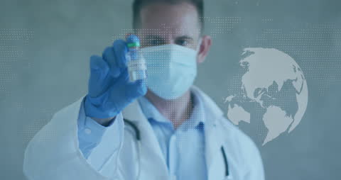 Doctor Holding Vaccine Vial with Digital World Map Overlay