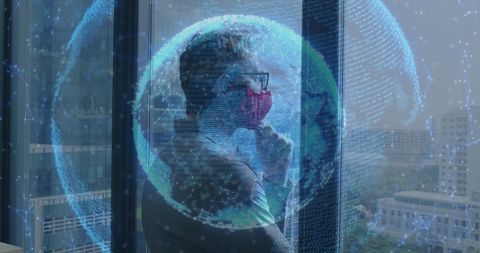 Businessman Contemplating Globally with Digital Data Overlay