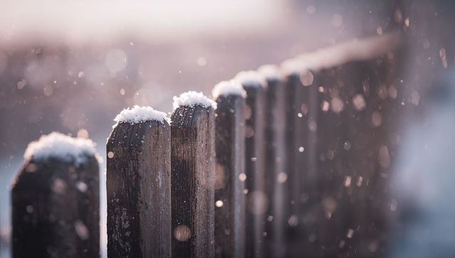 Weathered wooden picket fence wearing snow caps at backlit golden hour with bokeh
