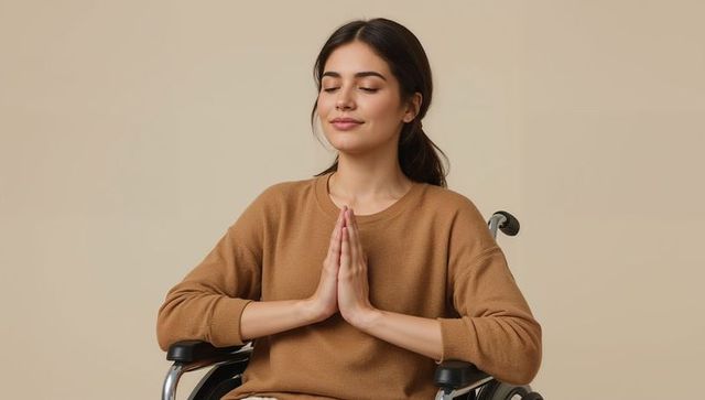 Young woman in wheelchair meditating with hands pressed, brown sweater, calm mindfulness