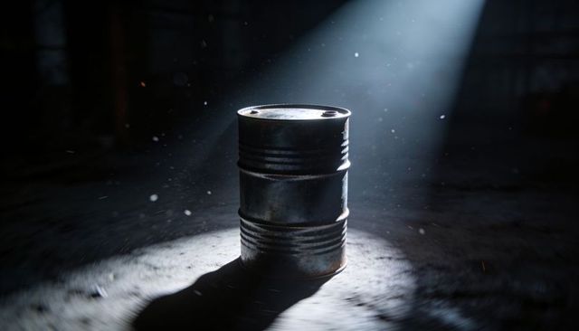 Sitting Rusty Steel Barrel Casting Long Shadow Under Spotlight in Abandoned Warehouse