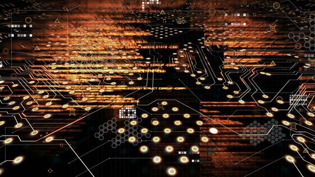 Intricate depiction of digital connections and processing visualizes data flow and computation concepts. Ideal for illustrating technology-focused articles, computer systems education, or IT solutions. Serves as an effective background for tech presentations or promotional material in electronics and innovation.