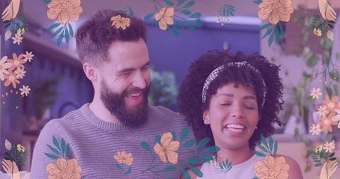 Happy Diverse Couple Embracing with Floral Overlay at Home - Download Free Stock Images Pikwizard.com