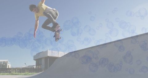 Dynamic Skateboarder with Layered Digital Bubbles - Download Free Stock Images Pikwizard.com