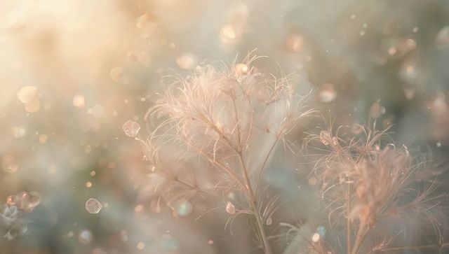Glowing golden backlit meadow plumes catching dewy droplets with soft translucent bokeh