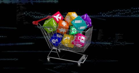 Shopping cart with digital tech icons in futuristic theme