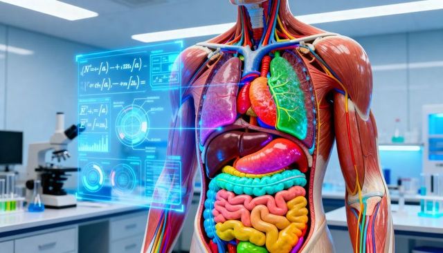 Augmented anatomy torso displaying colorful internal organs with holographic interface